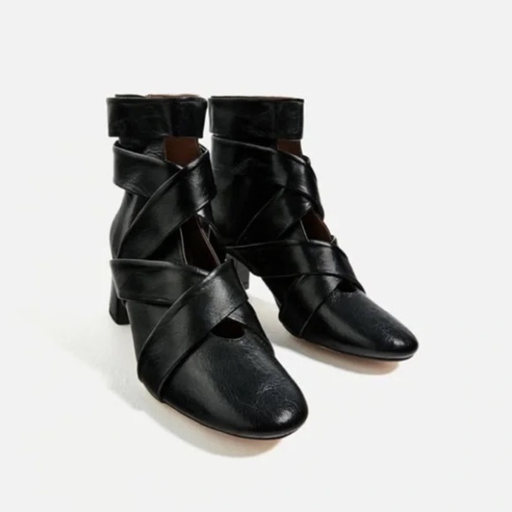 Zara Cross Strap Ankle Black Leather Boots Size 8